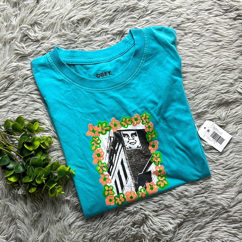 NWT obey teal Flower Frame Organic Cotton Graphic T-Shirt size s
